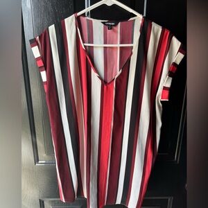 Express Coral and Black Striped V-Neck Blouse